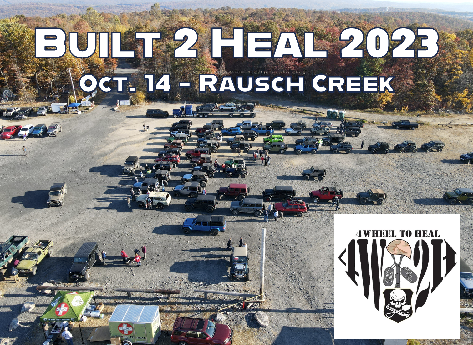 Built 2 Heal event promo image - arial shot of the parking area for trail ride lineup in 2022
